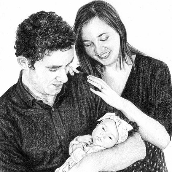 Mother, Father and baby pencil portrait drawing
