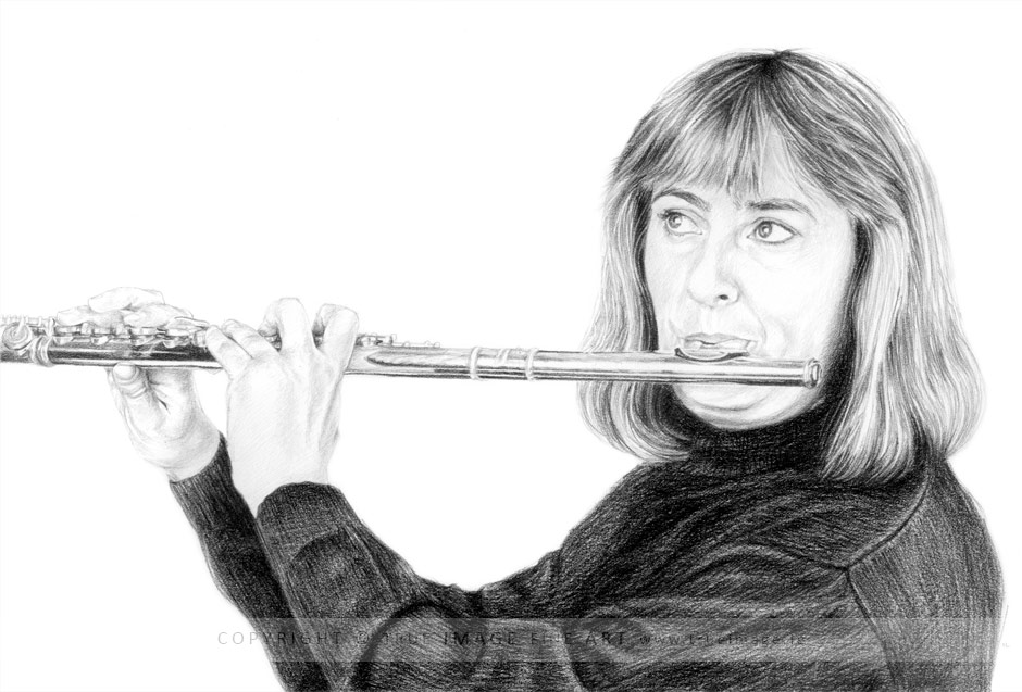 pencil portrait drawing of a musician playing the flute