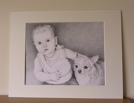 baby and chihuahua drawing in a mount