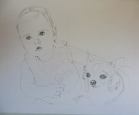 baby and chihuahua pencil sketch