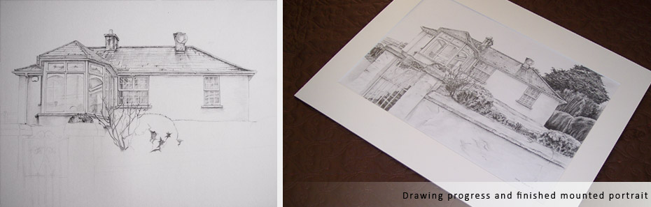 house illustration drawing in progress photograph and finished drawing photograph