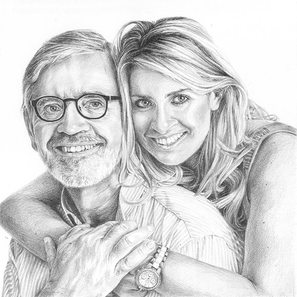Pencil portrait drawing of a father and adult daughter smiling
