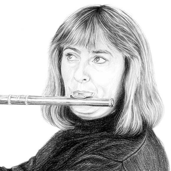 A pencil portrait drawing of a musician playing the flute