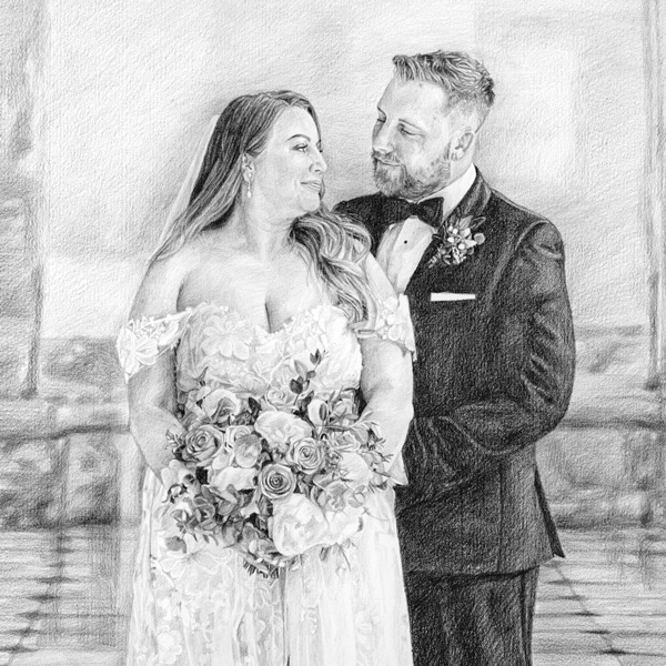 Pencil portrait sketch of a wedding day couple