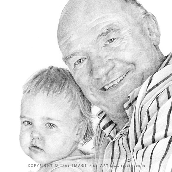 pencil portrait drawing of a grandfather taking a selfie holding his granddaughter