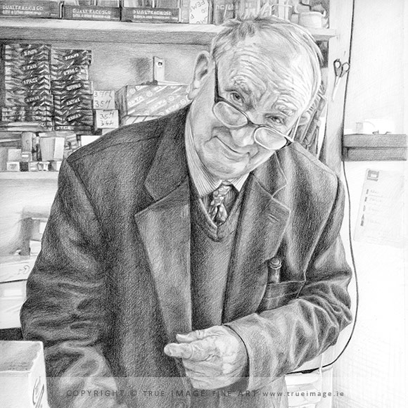 Pencil portrait drawing of a man working in his shop