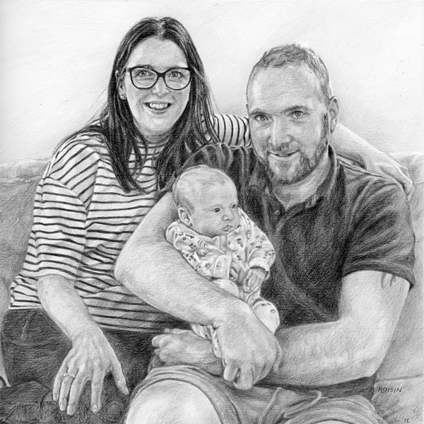 portrait sketch of a young family with baby