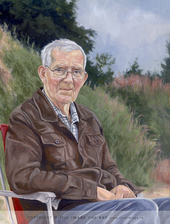 acrylic portrait painting of a father sitting in a fishing chair smiling