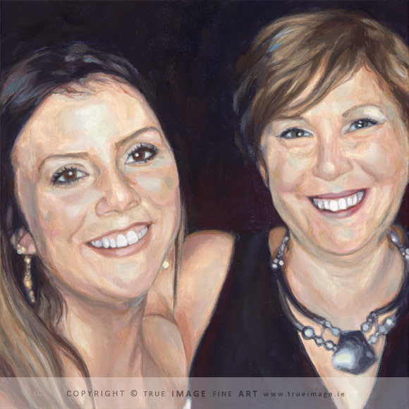 acrylic portrait painting of an auntie and niece smiling