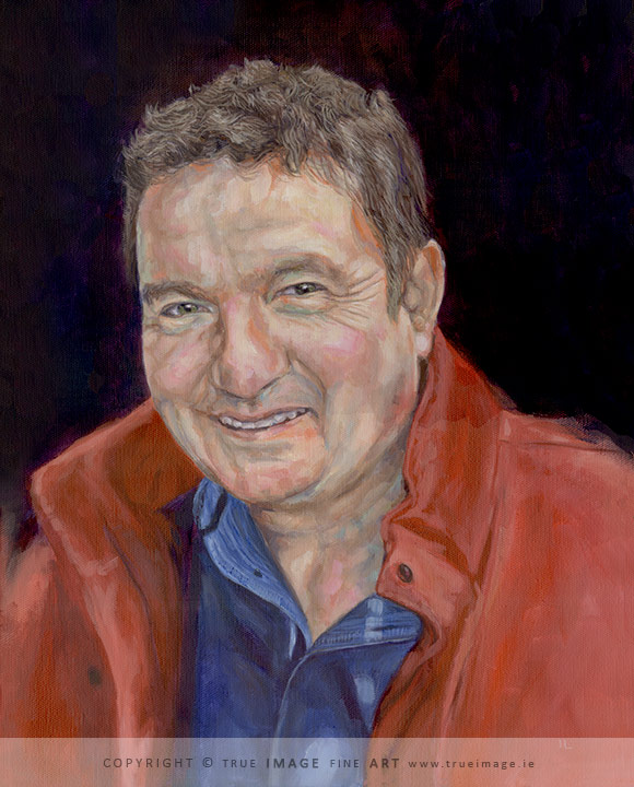 acrylic painting of a husband in red jacket smiling