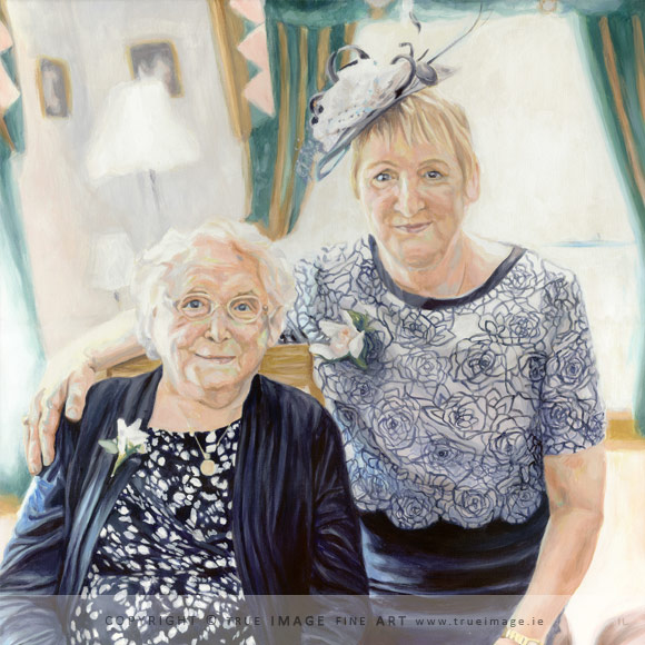 acrylic portrait painting of a mother and daughter at a wedding
