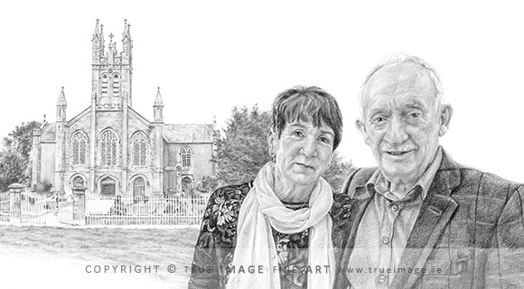 groom and parents pencil portrait