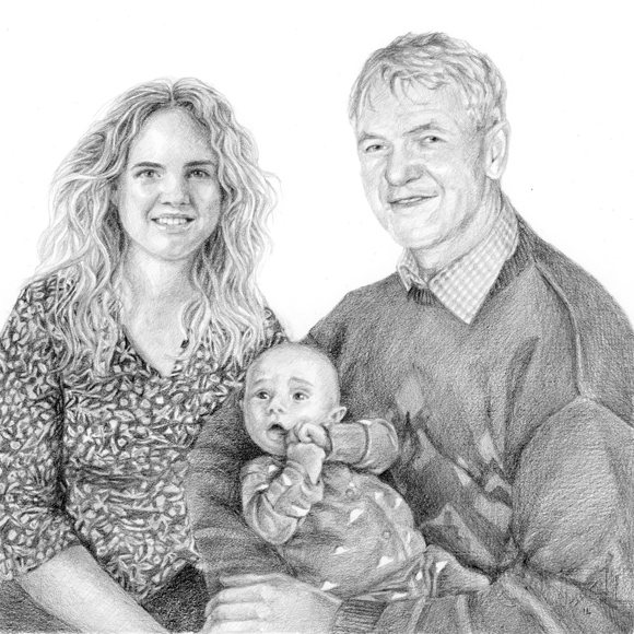pencil drawing of a mother with her father holding her son