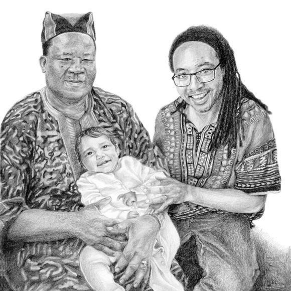 Grandfather, father and grandson pencil family portrait drawing from photo