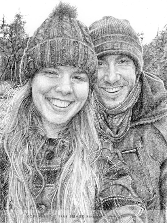 a hand drawn commissioned portrait of a young engaged couple