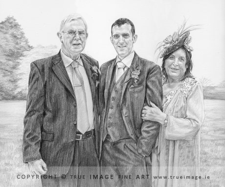 groom and parents pencil portrait
