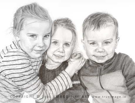 three children pencil portrait