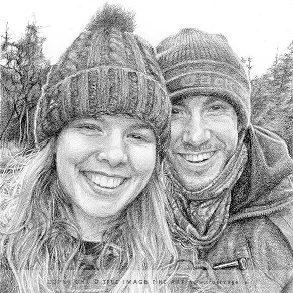 A pencil portrait drawing of a happy smiling couple