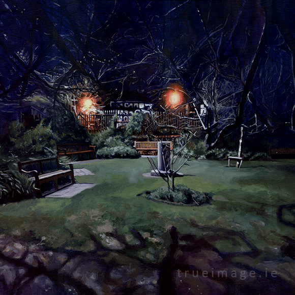 nighttime painting of urban park