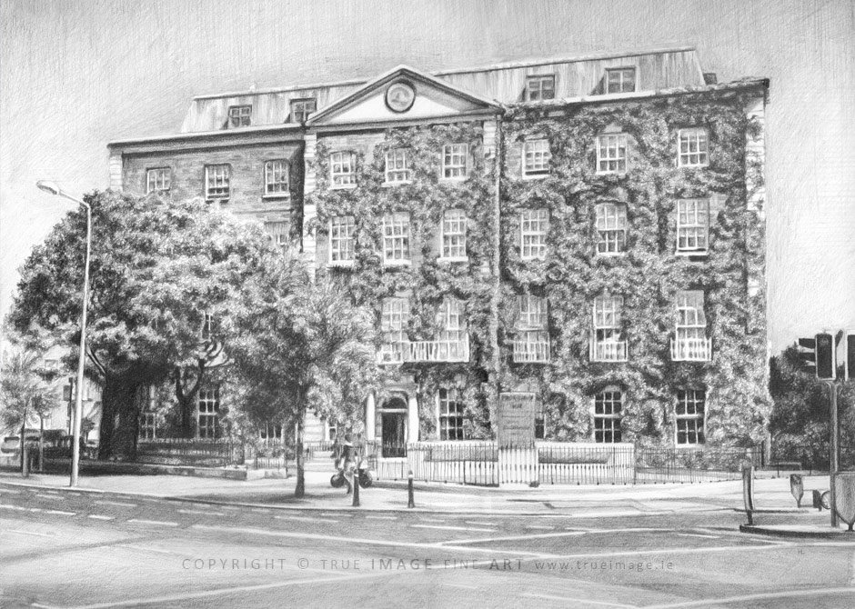 a graphite pencil drawing of a georgian building in dublin streetscape drawing in pencil by an artist in ireland