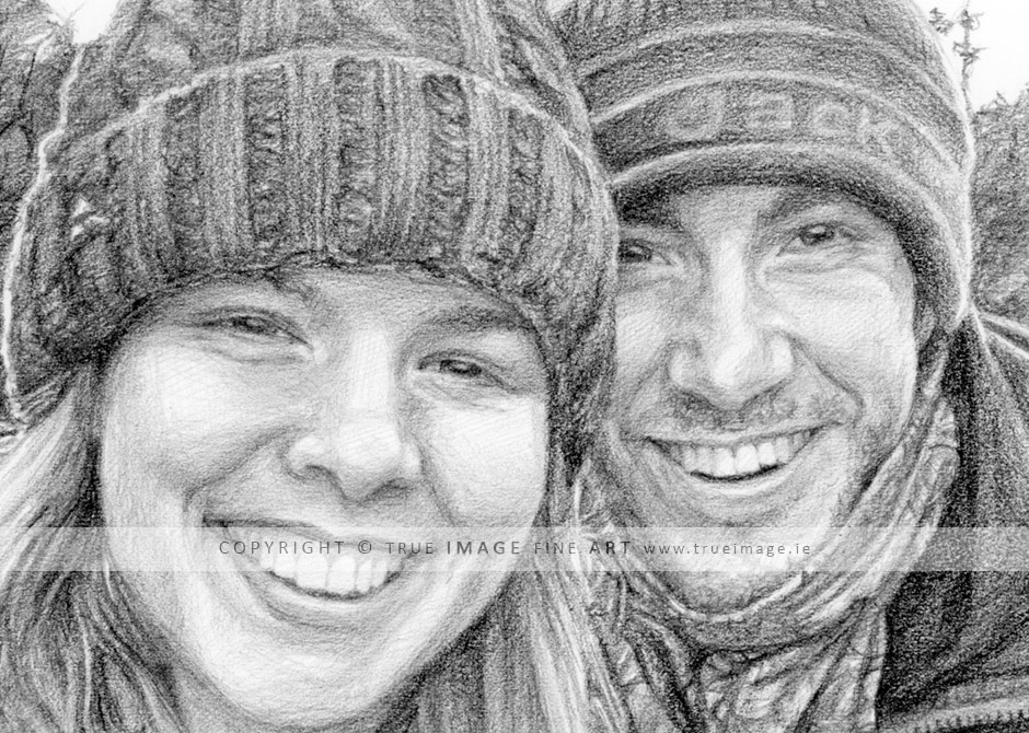 graphite pencil portrait drawing of a couple taking a selfie