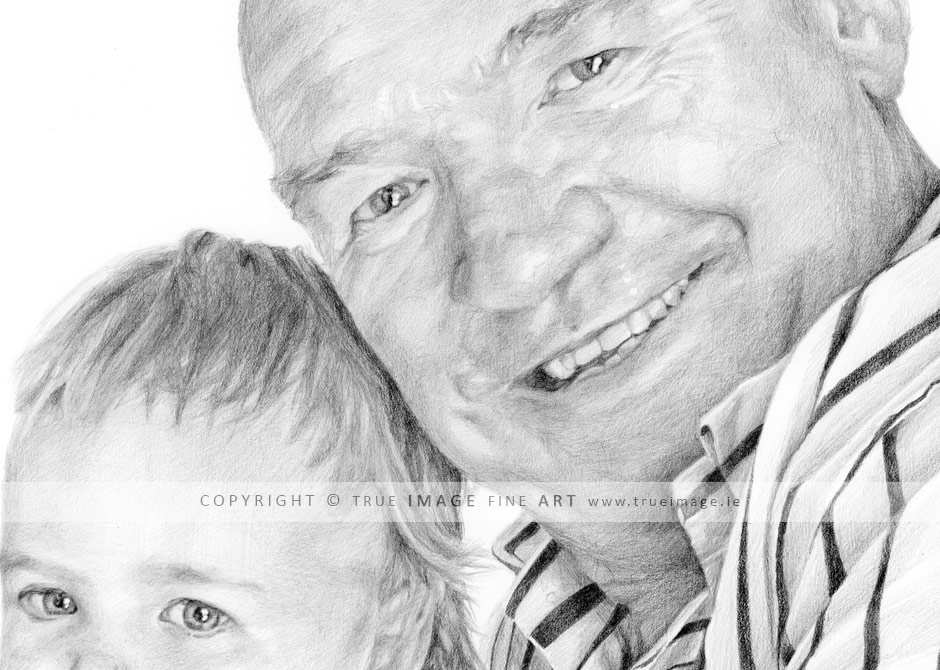 pencil portrait drawing of a man holding his granddaughter