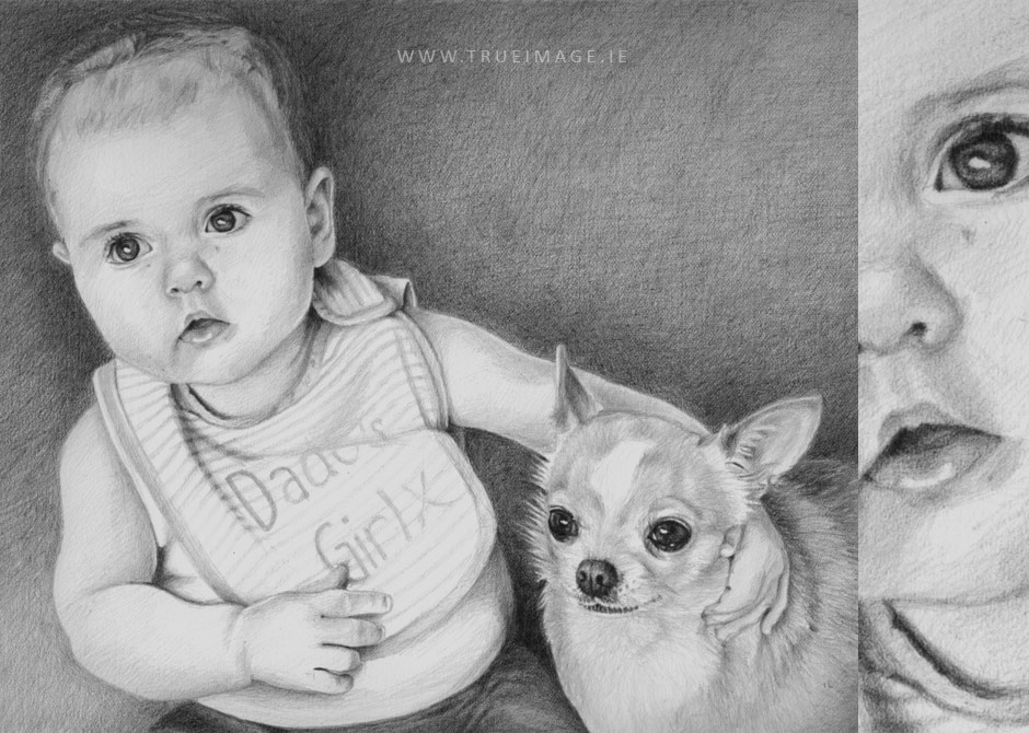 pencil drawing of a baby holding a chihuahua baby and dog pencil portrait