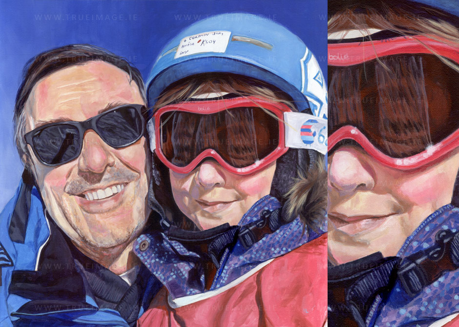 family portrait of dad and daughter skiing