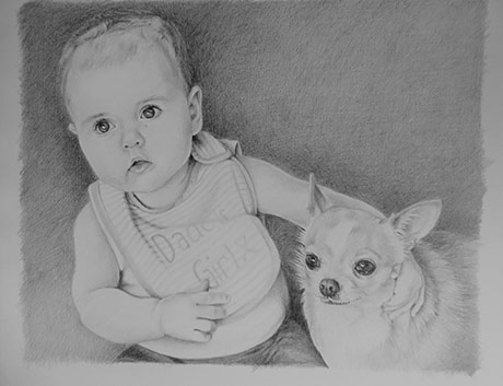 baby and chihuahua pencil drawing